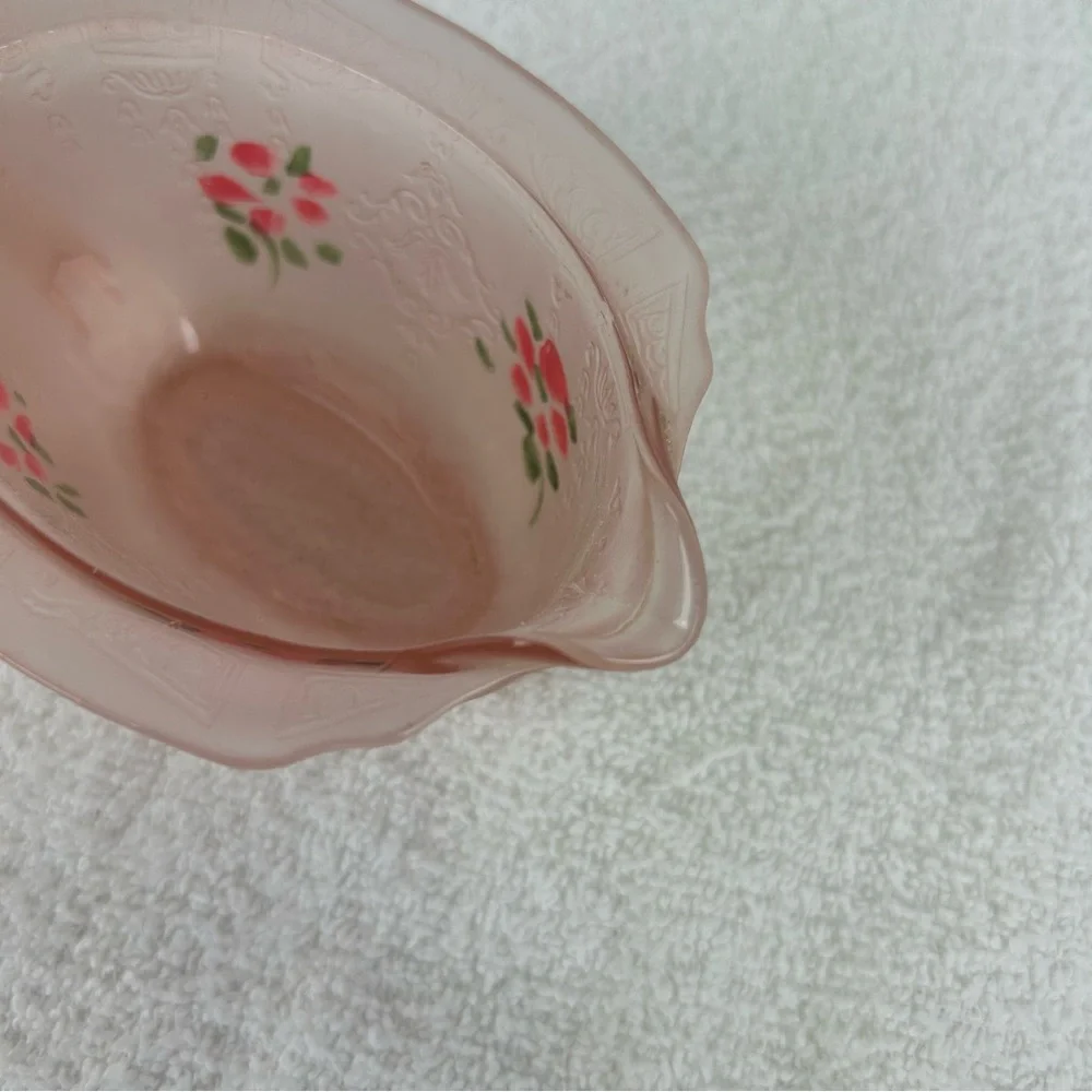 VTG Embossed Hand Painted Flower Pink Satin Glass Creamer Sugar Set of 2